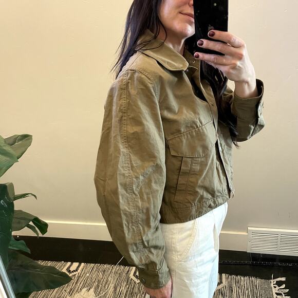 COS Linen Blend Twill Snap Button Crop Jacket Olive Green Women's Size 6 - Picture 2 of 7